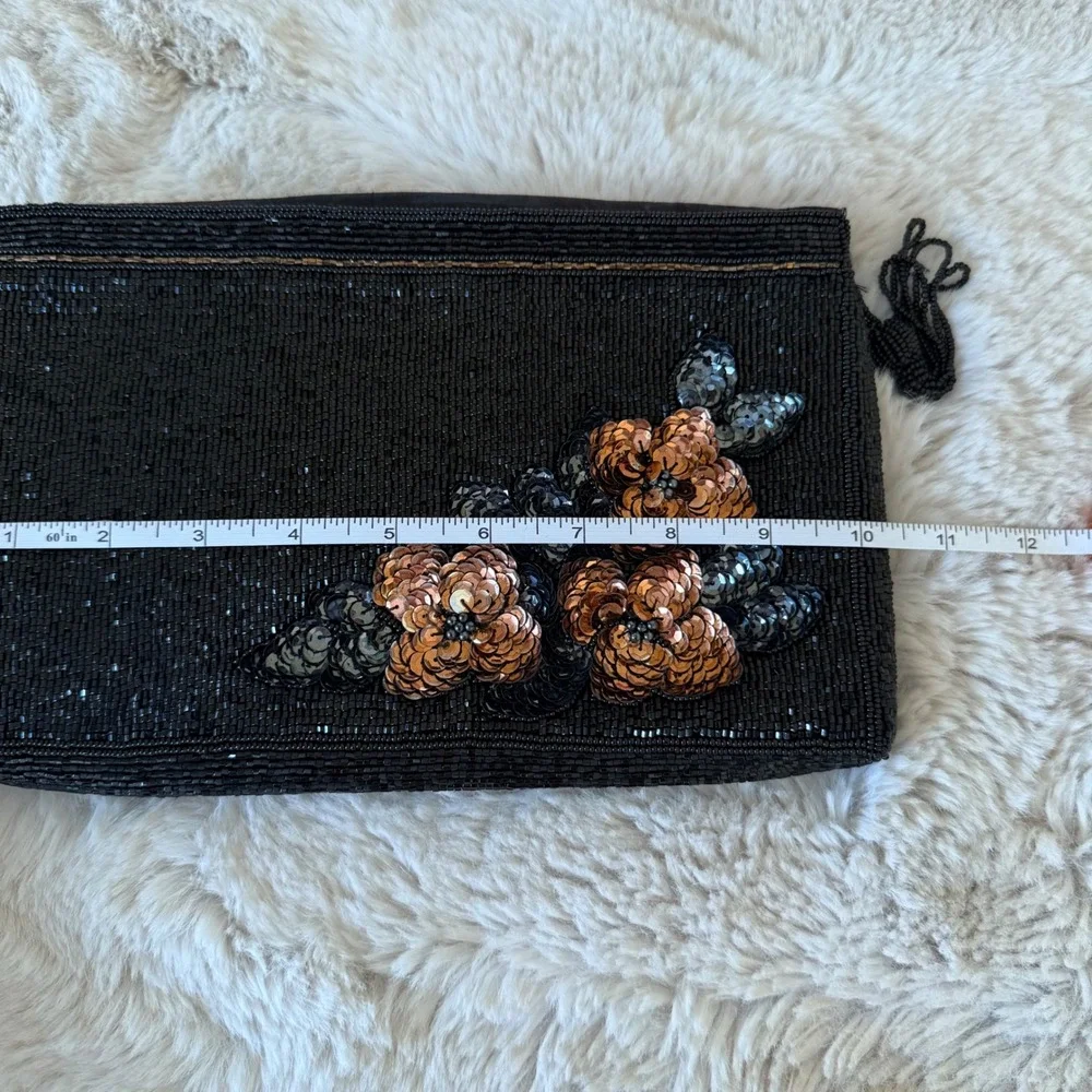 Vintage Black Beaded Clutch Evening Bag with‎ Floral Sequins Tassel